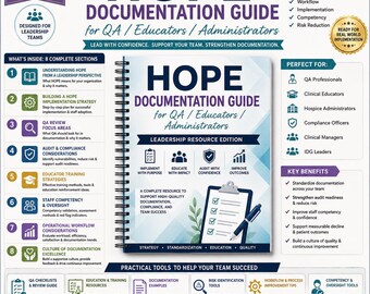 Puede incluir: Una "Guía de documentación HOPE" con espiral para control de calidad, educadores y administradores. La portada presenta el título en letras azules grandes, con un gráfico de lista de verificación y las palabras "LEAD WITH CONFIDENCE". La guía incluye secciones sobre implementación, capacitación y cumplimiento.