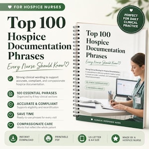 May include: A spiral-bound clinical reference guide titled Top 100 Hospice Documentation Phrases Every Nurse Should Know. The cover features dark green text on a white background, highlighting 100 essential phrases for hospice nurses.