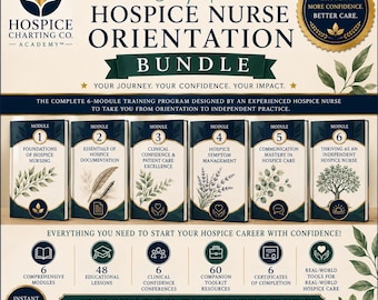 Puede incluir: Un paquete de formación digital titulado Hospice Charting Co. Academy Complete Hospice Nurse Orientation Bundle, que incluye seis módulos sobre fundamentos, documentación, atención clínica, gestión de síntomas y comunicación.