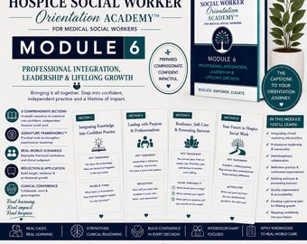 Puede incluir: Una infografía educativa para el módulo 6 de la Hospice Social Worker Orientation Academy, titulado Professional Integration, Leadership & Lifelong Growth. Incluye una portada de libro, cuatro secciones y objetivos.