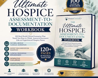 Puede incluir: El libro de trabajo The Ultimate Hospice Assessment-to-Documentation Workbook es un recurso profesional con 100 escenarios clínicos, ejemplos de expertos y coaching de documentación. La portada muestra una casa, un árbol y manos.