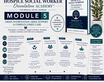 Puede incluir: Un kit educativo Hospice Social Worker Orientation Academy Módulo 5 que incluye un libro, cuatro tarjetas informativas y una lista de objetivos de aprendizaje. El diseño utiliza un esquema de color azul oscuro y blanco con iconos de árboles.