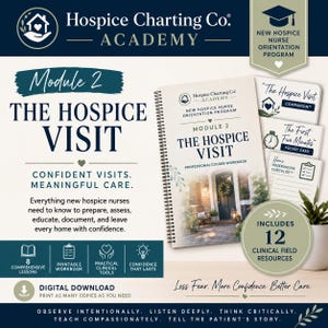 Könnte beinhalten: Ein spiralgebundenes Arbeitsbuch für Fachkurse mit dem Titel Module 2 The Hospice Visit, das ein Hauseingangsmotiv auf dem Cover zeigt. Enthält 12 klinische Ressourcen, Taschenkarten und Checklisten für Orientierungsprogramme für Hospizpflegekräfte.