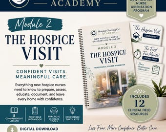 Puede incluir: Un libro de trabajo de curso profesional con encuadernación en espiral titulado Module 2 The Hospice Visit, con una imagen de la entrada de una casa en la portada. Incluye 12 recursos clínicos, tarjetas de bolsillo y listas de verificación para enfermeros.