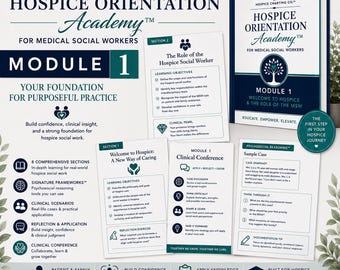 Puede incluir: Un conjunto educativo de Hospice Orientation Academy Módulo 1 para trabajadores sociales médicos. Incluye una portada de libro de trabajo, tarjetas de sección y objetivos de aprendizaje. El texto incluye: Hospice Charting Co., Module 1, Your Foundation for Purposeful Practice y Clinical Conference. Incluye iconos para escenarios clínicos, reflexión y razonamiento psicosocial.