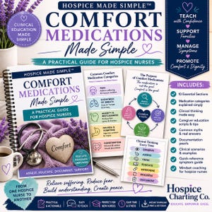 以下が含まれることがあります： ホスピス看護師向けの「Comfort Medications Made Simple」と題されたスパイラル綴じガイド。紫色のニット背景に聴診器とハート型の石が置かれています。症状管理や臨床的思考に関する教育カードが含まれています。