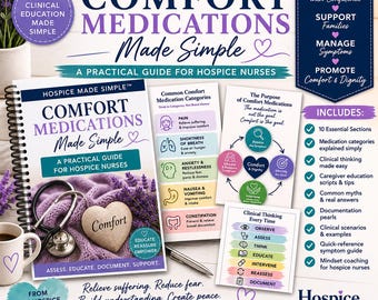 May include: A spiral-bound guide titled Comfort Medications Made Simple for hospice nurses, featuring a stethoscope and heart-shaped stone on a purple knit background. Includes educational cards on symptom management, clinical thinking, and caregiving.