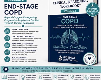 Puede incluir: Un libro de trabajo de razonamiento clínico para cuidados paliativos, volumen 2, sobre EPOC en etapa terminal. La portada azul oscuro y blanca muestra una ilustración de pulmones, una línea de ritmo cardíaco y 50 escenarios de pacientes.