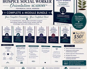 Puede incluir: Un paquete de 6 módulos de la Hospice Social Worker Orientation Academy que incluye un manual grande, seis folletos de módulos individuales y tarjetas informativas. El texto incluye títulos de módulos, escenarios clínicos y consejos.