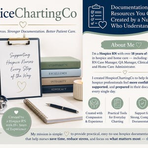 Puede incluir: Imagen que promociona HospiceChartingCo, con un portapapeles con texto, libros, un estetoscopio y un bol&iacute;grafo. El texto dice: "Apoyando a las enfermeras de hospicio en cada paso del camino". La imagen tambi&eacute;n incluye el texto "Recursos de documentaci&oacute;n en los que puede confiar".