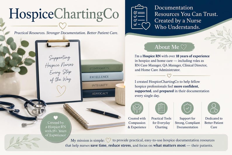 Puede incluir: Imagen que promociona HospiceChartingCo, con un portapapeles con texto, libros, un estetoscopio y un bol&iacute;grafo. El texto dice: "Apoyando a las enfermeras de hospicio en cada paso del camino". La imagen tambi&eacute;n incluye el texto "Recursos de documentaci&oacute;n en los que puede confiar".