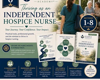 Puede incluir: Una infografía educativa para el módulo 6 de Hospice Charting Co. Academy, Thriving as an Independent Hospice Nurse. Incluye una hoja de ruta de crecimiento profesional, un marco de prevención del agotamiento y un libro de ejercicios.