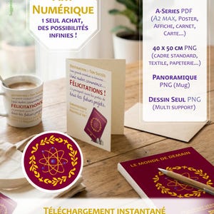 May include: A digital art pack featuring a maroon passport-style graphic with a gold atomic symbol and laurel wreath. Includes PDF and PNG files for posters, mugs, and stationery. Text includes "ART NUMÉRIQUE," "PACK MULTIFORMAT," and "FÉLICITATIONS!"