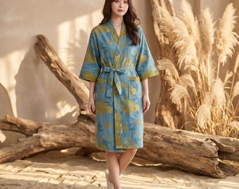 Cotton Gauze Floral Kimono Robe | Summer Lightweight Bathrobe | Beach Cover Up | Boho Bridesmaid Dressing Gown | Womens Loungewear