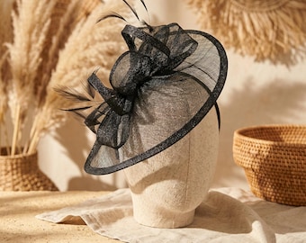 Black Feather Mesh Fascinator | Derby Hat and Wedding Headband | Elegant Tea Party Headpiece with Feathers
