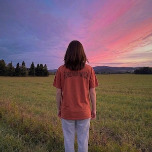 May include: A person wearing an orange t-shirt with the text "FOREVER WILD" on the back, standing in a field. The sky is a mix of pink, purple, and blue, with trees and mountains in the background.