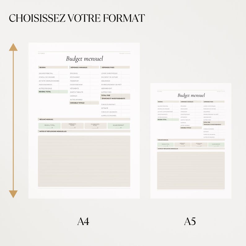 May include: Two white paper sheets with the text "Budget mensuel" and a detailed financial planning layout. The text "CHOISISSEZ VOTRE FORMAT" is at the top. The A4 and A5 sizes are displayed, with an arrow indicating the size comparison.