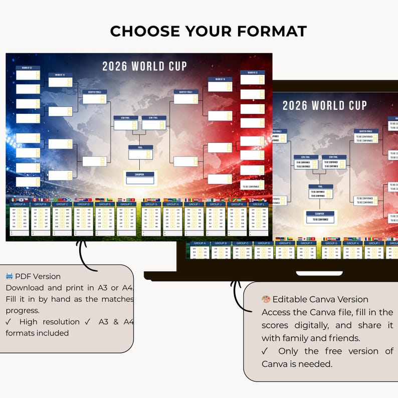 World Cup 2026 Poster Bracket Printable PDF + Canva Group Stage ...