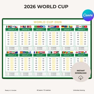 Könnte beinhalten: Ein grünes und weißes 2026 FIFA-Weltmeisterschafts-Bracket-Diagramm mit Gruppenzuordnungen. Das Diagramm enthält Flaggen, Teamkürzel und den Text "Sofort-Download". Das Canva-Logo befindet sich in der oberen rechten Ecke.