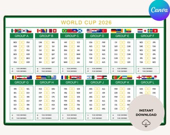 WK 2026 Schema Groepsfase Tracker om te printen en bewerken in Canva-sjabloon + printbare PDF | Inclusief schema van 72 wedstrijden