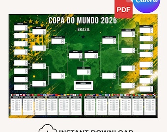 Poster WK voetbal 2026 Brazilië, 104 wedstrijden, toernooivoorspelling, cadeau voor voetbalfans, Canva PDF sport, Braziliaans voetbal, cadeau