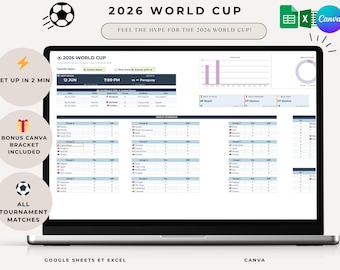 Volgsysteem voor het WK voetbal 2026 in Excel, Google Sheets, met wedstrijdschema, scores, standen, statistiekendashboard, afdrukbaar schema (PDF) en Canva-sjabloon.