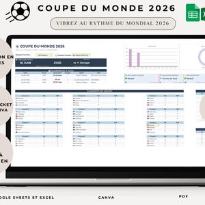 May include: A laptop screen displaying a soccer tournament bracket with the text "COUPE DU MONDE 2026". The screen shows team schedules, group standings, and charts. Additional text includes "INSTALLATION EN 2 MINUTES" and "BONUS BRACKET PDF + CANVA INCLU".