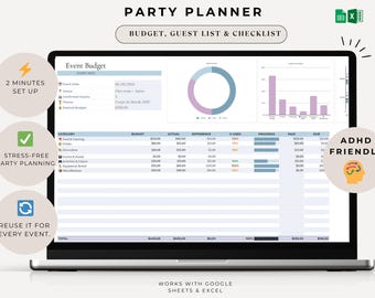 Spreadsheet voor feestplanning, evenementorganisator, gastenlijst, budgettracker, checklist, feestplanner in Excel of Google Sheets