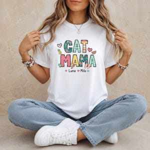 Personalized Cat Mama Shirt, Custom Pet Names Tee, Colorful Patchwork Cat Mom T Shirt, Summer Kitty Lover Gift, Mothers Day Top, Beachy Gift