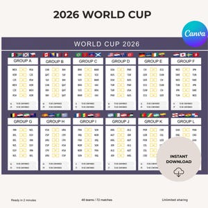 May include: A 2026 World Cup graphic showing group stages and team allocations, with flags and team abbreviations. The design includes the text "WORLD CUP 2026" and "INSTANT DOWNLOAD". The image is designed in Canva.