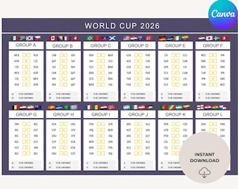 WK 2026 Schema Groepsfase Tracker om te printen en bewerken in Canva-sjabloon + printbare PDF | Inclusief schema van 72 wedstrijden