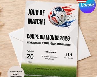 Uitnodiging voor een wedstrijdfeestje rond het WK 2026, bewerkbare Canva-sjabloon, printbare voetbaluitnodiging, uitnodiging om te delen (PDF)