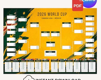 Poster van het WK voetbal 2026, 104 wedstrijden, toernooivoorspeller, voetbalcadeau, Australische editie, Canva PDF Sport