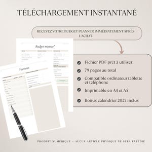 May include: Digital budget planner with the text "Budget mensuel" and "Factures". Includes a PDF file, 79 pages, compatible with tablets and phones, printable in A4 and A5, and a 2027 calendar bonus. A black pen is on the left.