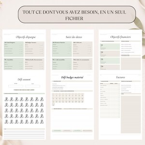 May include: A digital financial planner with multiple pages. The pages include sections for savings goals, debt tracking, and financial objectives. The planner has a neutral color scheme with text in French. The text includes "TOUT CE DONT VOUS AVEZ BESOIN, EN UN SEUL FICHIER".