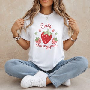 Cats Are My Jam Shirt, Strawberry Cat Lover Tee, Cute Patchwork Style Pet Mom Gift, Cottagecore Kitty Shirt, Summer Cat Mom Top,gift for her