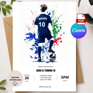 Peut inclure: Une invitation d'anniversaire sur le thème du football. Elle présente un graphisme d'un garçon en maillot bleu avec le nom "NOAH" et le numéro "10". L'invitation comprend le texte "NOAH IS TURNING 10", la date, l'heure et les détails du lieu.