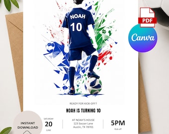 Sjabloon voor een voetbalverjaardagskaart, bewerkbare Canva-uitnodiging voor een voetbalfeestje, printbare verjaardagskaart (5x7 inch), digitale download, cadeau