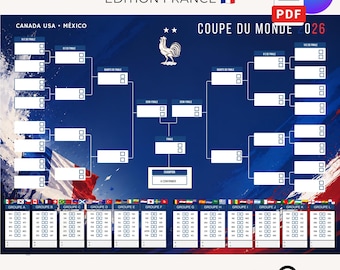 Poster van het WK voetbal 2026, 104 wedstrijden, toernooivoorspelling, cadeau voor voetbalfans uit Frankrijk, Canva PDF Sport