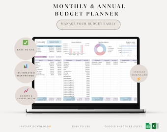 Monthly and Annual Budget Planner | Google Sheets and Excel | Expense Tracker | Personal Finance