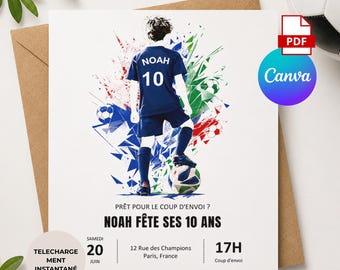 Aanpasbare voetbal verjaardagskaart, bewerkbaar PDF-bestand, printbaar op A5-formaat (Canva), cadeau voor een jongen, verjaardagscadeau, uitnodiging