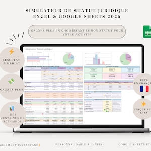 Peut inclure: Un écran d'ordinateur portable affiche une feuille de calcul financière avec des graphiques et des données. Le texte à l'écran indique "SIMULATEUR DE STATUT JURIDIQUE EXCEL & GOOGLE SHEETS 2026." On peut lire "RESULTAT IMMEDIAT" et "GAGNEZ PLUS."