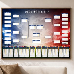 Peut inclure: Un tableau encadré du calendrier de la Coupe du Monde 2026. Le design présente un schéma de couleurs bleu, blanc et rouge avec un fond de terrain de football et de stade. Le tableau comprend des espaces pour les équipes et les résultats des matchs.