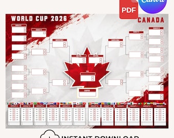 WK 2026 voetbalposter, 104 wedstrijden, toernooivoorspelling, cadeau voor voetbalfans, Canadese editie, Canva PDF sport, voetbal