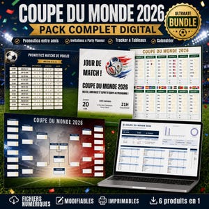 Könnte beinhalten: Digitales Paket für die Weltmeisterschaft 2026, mit Partyplaner, Tracker und Kalender. Enthält bearbeitbare und druckbare Dateien. Das Design integriert einen Fußball in den Farben der französischen Flagge.