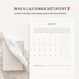 May include: A calendar page for January 2027, with a neutral color scheme. The word "Janvier" is at the top, with a grid of dates below. The text "BONUS: CALENDRIER 2027 OFFERT" is at the top. A stack of books is on the left.