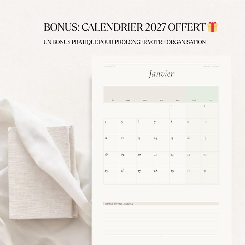 May include: A calendar page for January 2027, with a neutral color scheme. The word "Janvier" is at the top, with a grid of dates below. The text "BONUS: CALENDRIER 2027 OFFERT" is at the top. A stack of books is on the left.