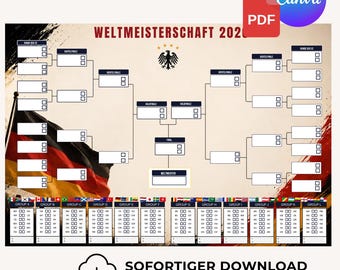 Fußball-Weltmeisterschaft 2026 Poster, 104 Spiele, Turnierbaum, Tipp-Tracker, Geschenk voor Fußballfans, Deutschland-Edition, Canva & PDF