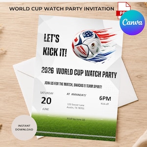 Peut inclure: Une invitation blanche pour une soirée de visionnage de la Coupe du Monde. Le design présente un ballon de football avec les drapeaux des États-Unis, du Canada et du Mexique. Le texte comprend "Let's Kick It!" et "2026 World Cup Watch Party".