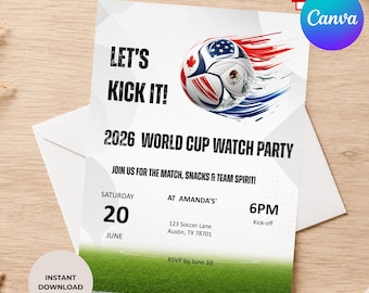 Sjabloon voor uitnodiging voor een WK-kijkfeest, bewerkbare Canva-uitnodiging voor een voetbalwedstrijd, printbare uitnodiging (5x7 inch) voor de wedstrijddag, digitale download